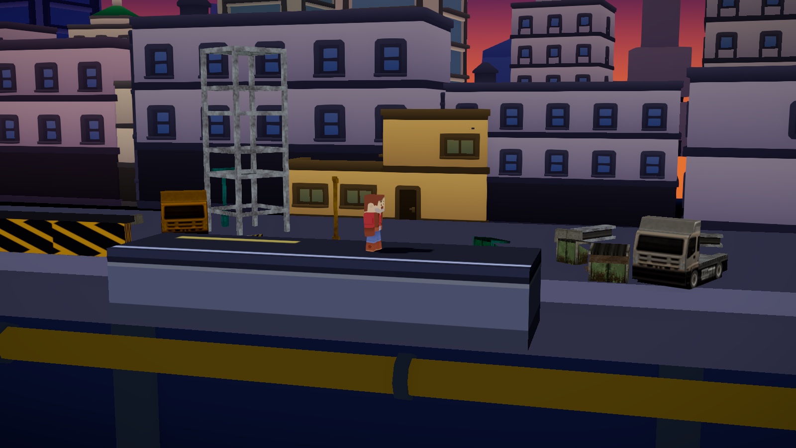 A workman in a red jacket standing on a raised city street at dusk, scaffolding and a flatbed truck behind him, a service pipe running under the road