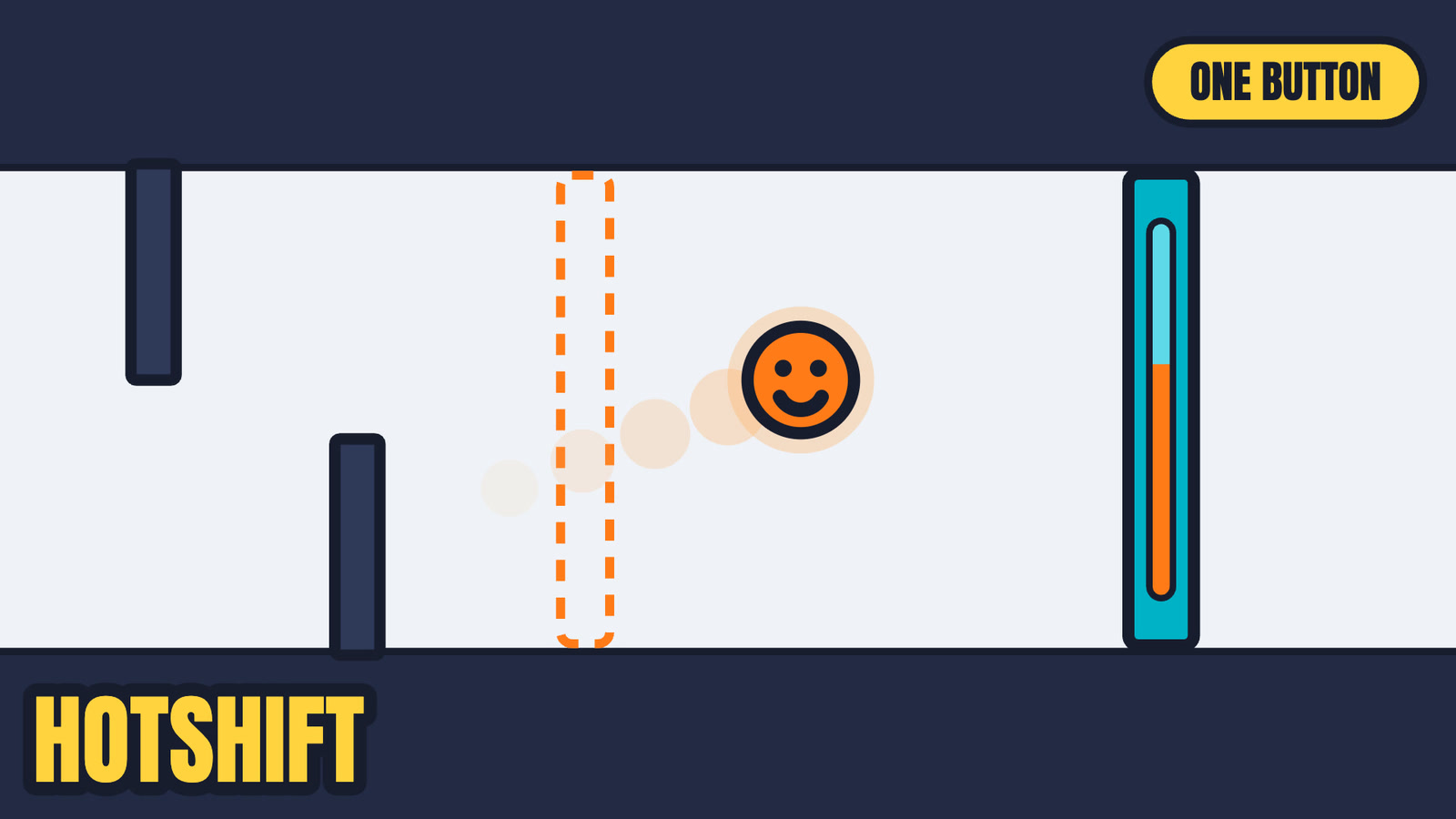 A round orange face flying through a narrow white corridor, an orange wall ahead of it and a blue wall below, against deep navy