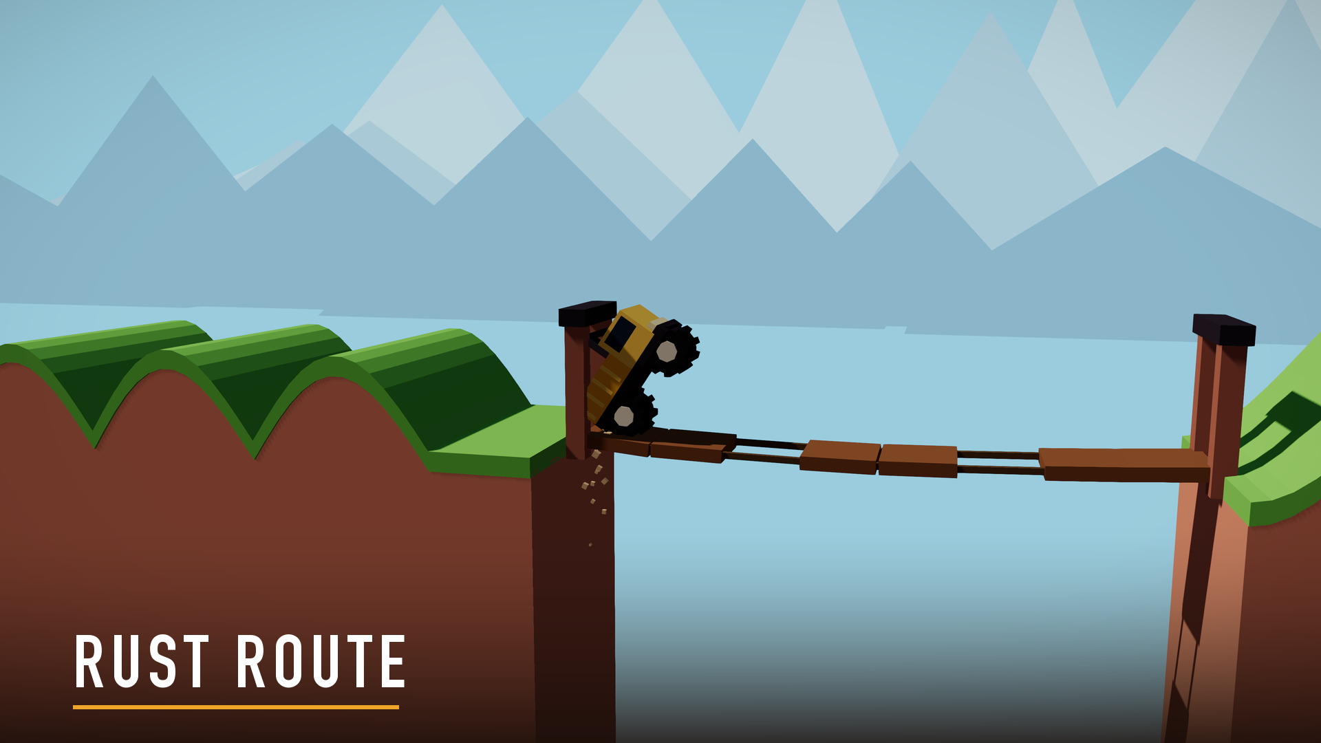 A flatbed truck committing onto a sagging rope bridge over a chasm